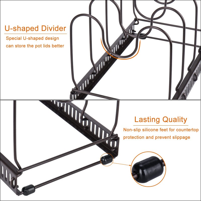 Toplife Pots and Pans Organizer Rack for Cabinet and Countertop, 10+ Pot Lids, Bakeware and Cookware Organizer Rack Holder with 10 Adjustable Compartments - Brown - Image 5